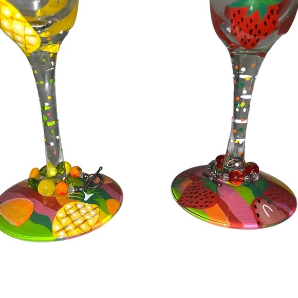 Lolita Set Of 2 Hand Painted Fruit Pineapple & Strawberry Margarita Glasses - Picture 3 of 8